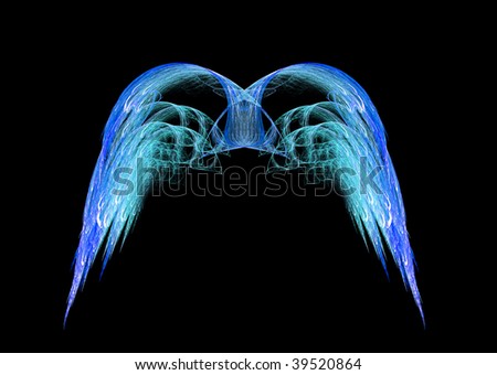 stock photo Vibrant blue angel wings fractal emblem over black background
