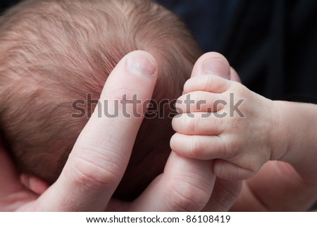 Father\'s hand cradles his newborn baby\'s head while the baby\'s hand holds onto the Father\'s finger.