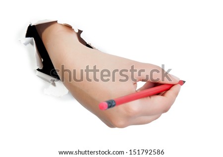 Hand with pen isolated on white