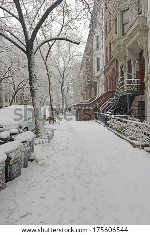 Snow Covered Street in Upper West Side during Snowstorm, Manhattan, New York City