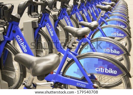 NEW YORK - MARCH 2 2014. Citi Bike, a Bicycle share program in Manhattan gives residents one more transportation option and reduces carbon emissions on the streets of Manhattan. New York.
