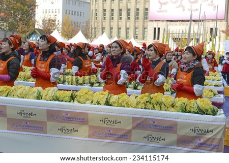 SEOUL - NOVEMBER 16, 2014. The recently held Kimchi Making & Sharing Festival involves the important Korean tradition of Gimjang, to ensure families have enough kimchi to get through the long winter.