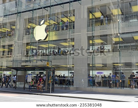 SYDNEY - CIRCA NOVEMBER 2014. Customers crowd inside the Apple Store on George Street in the Sydney CBD looking for the newest iPhone 6 which recently went on sale in Australia.