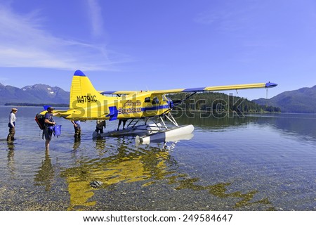 JUNEAU, ALASKA - CIRCA AUGUST 2014. Given the lack of harbors and inaccessible rugged nature of the islands on the Alaskan coast, float planes are commonly used to reach them.