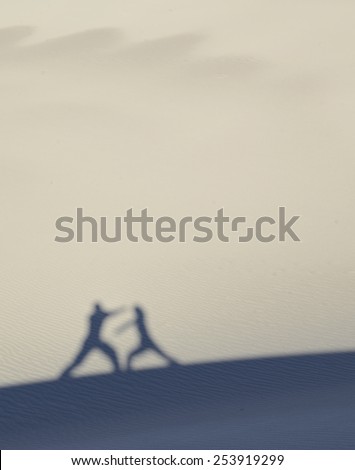 Martial artists silhouettes and shadows against sand dunes while training in self defense