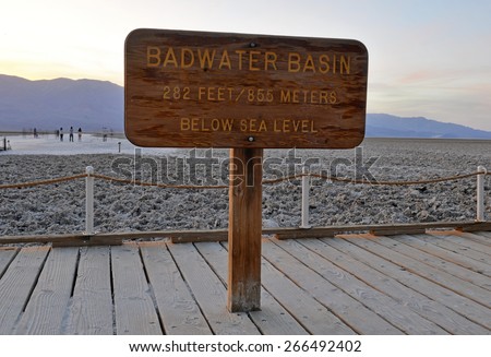 Badwater Basin sign, Death Valley National Park, USA landmark in California
