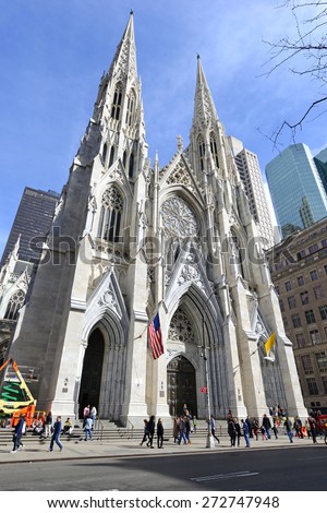 NEW YORK CITY - CIRCA APRIL 2015.  St. Patrick\'s Cathedral is a Roman Catholic Church, American landmark and tourist destination located on Fifth Avenue in Manhattan.