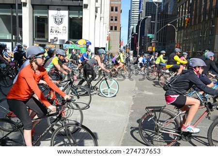 NEW YORK CITY. MAY 3, 2015. The Five Boro Bike Tour saw more than 30,000 cyclists of all levels participate in the weekend event which closed city streets all around Manhattan.