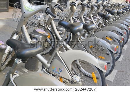 PARIS, FRANCE. CIRCA MAY 2015. Velib Bike, a Bicycle share program in Paris gives residents and tourists one more transportation option and reduces the consumption of fossil fuels.
