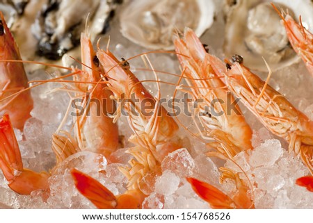 shrimp and oysters on a bed of ice