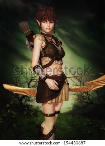 Elf girl with bow and arrow on a dark background