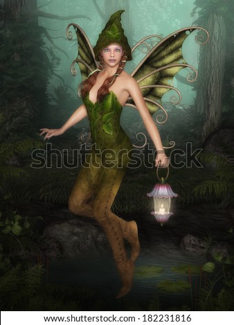 Forest Fairy with lantern flitting over a pond in the woods