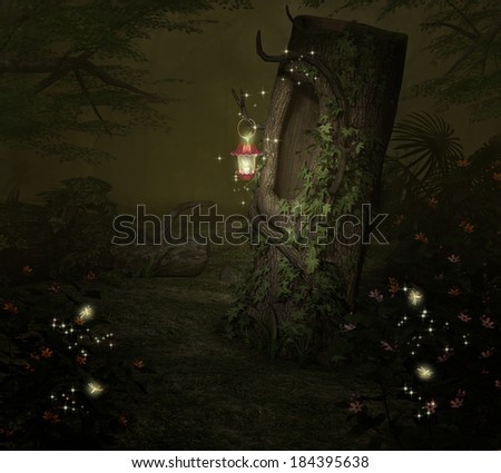 Fantasy image with a forest and a hollow tree lantern night