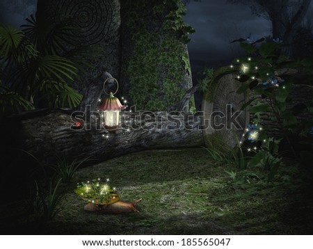 Fantasy image with a lantern on a log in the forest at night