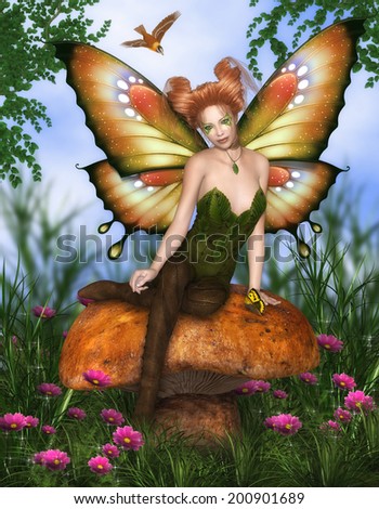 Fantasy image Charming Fairy sitting on a mushroom