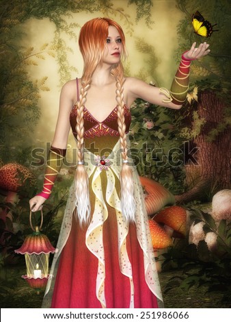 Dreamy Fairy in a forest glade with a lantern and butterfly