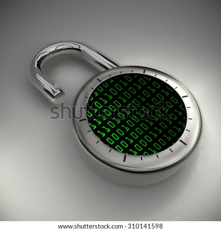 Data unlocked, vulnerable and unprotected. A combination lock is unlocked with a digital representation of ones and zeroes indicating vulnerable data.