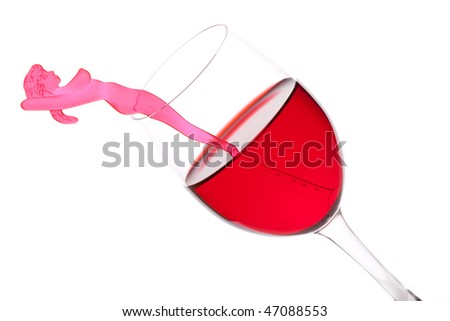 Glass of red liquor With a figure of the girl on a white background