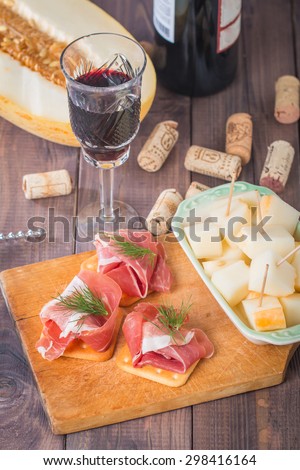 spanish tapas - slices of cured pork ham jamon with melon and red wine on wooden background