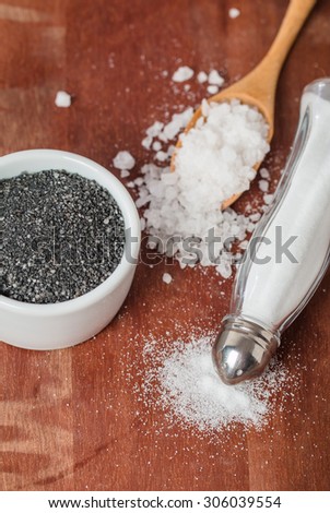 salt cellar, black and sea salt  on wooden background