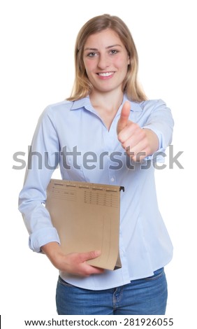 Blonde businesswoman with file showing thumb up on an isolated white background for cut out