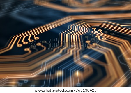 3d rendering. Circuit board futuristic server code processing. Orange, green, blue technology background with bokeh.