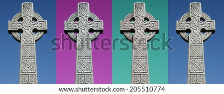A collage of colorful images of Celtic stone crosses.