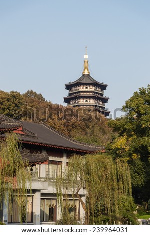 Leifeng Pagoda , on Sunset Hill south of the idyllic West Lake in Hangzhou. Originally constructed in the year AD 975, it was rebuilt in 2002, since then it has been a popular tourist attraction. Zhej