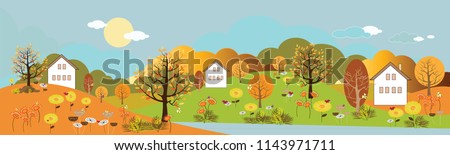 Panoramic of Countryside landscape in autumn, Vector illustration of horizontal banner of autumn landscape mountains and trees with yellow foliage.