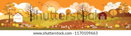 Panoramic of autumn landscape in sunny day,Vector landscape of the End of summer and the beginning of autumn,Beautiful view countryside of farm field with mountains and leaves fallen on grass,
