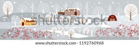 Panoramic of winter landscape,Vector illustration of horizontal banner of winter landscape countryside with snow covering,Farmhouse,moutain and trees with snowing,Merry Christmas landscape background