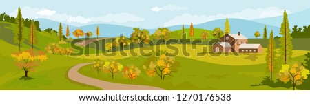 Panorama view of spring village with green meadow on hills with blue sky, Vector Summer or Spring landscape, Panoramic countryside landscape green field mountains and farmhouse.