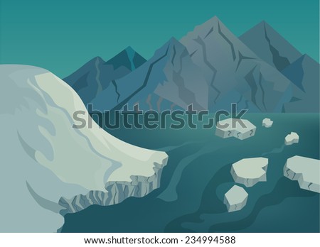 Vector illustration of Landscape with snow-capped mountains, blue lake and ice floes
