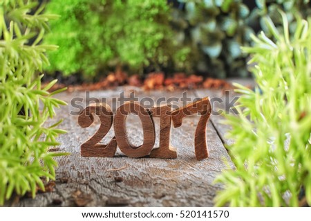 Wood number 2017 with plants on wooden background, happy new year concept and nature decorative idea