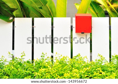 White Fence & green leaf with the  red mail box