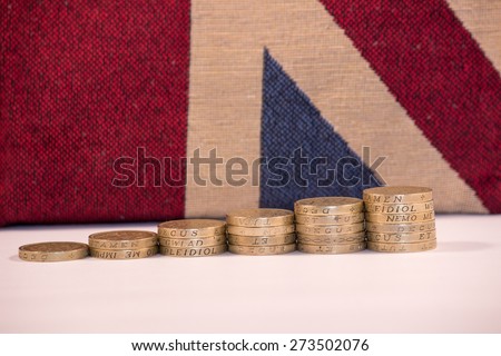 UK Pound Coins on Union Jack Background