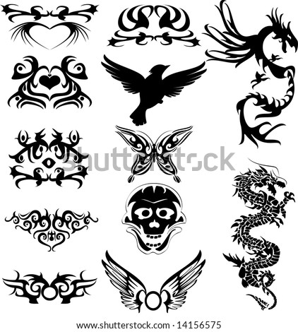 stock vector Vector illustration of tribal tattoos and silhouette