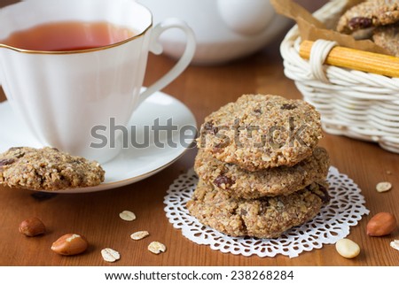 Healthy vegan oatmeal cookies with peanuts and peanut butter