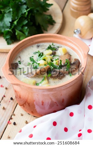 Traditional Russian potato soup with mushrooms and sour cream