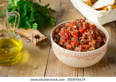 Eggplant caviar with tomatoes and roasted bell pepper