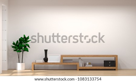 Mock up Template Tv wood cabinet in modern empty room interior background  3d illustration home designs,background shelves and books on the desk in front of  wall empty wall