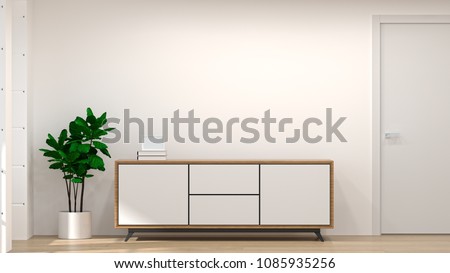 White wood modern cabinet in empty room interior background  3d illustration home designs,shelves and books on the desk in front of  wall empty wall