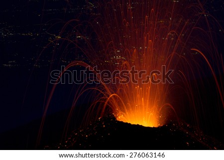 Explosive volcanic activity night.Eruption of Mount Etna summer 2014.