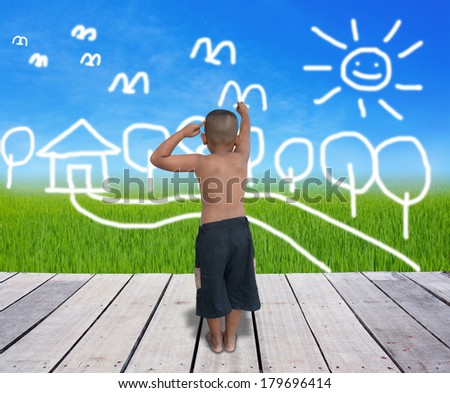 boy drawing the house with nature on lanscape