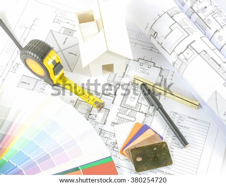 architecture design.architectural materials, measuring tools ,model and blueprints