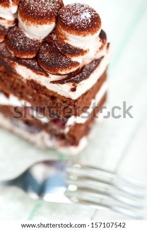 fresh whipped cream dessert cake slice with cocoa powder on top