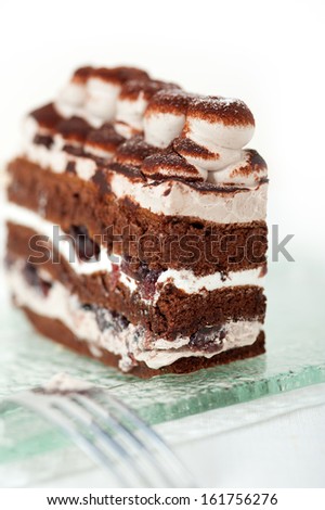 fresh whipped cream dessert cake slice with cocoa powder on top
