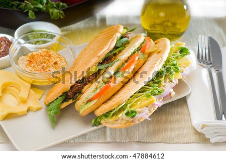 assortment of fresh homemade vegetarian  italian panini sandwich,typical italian snack