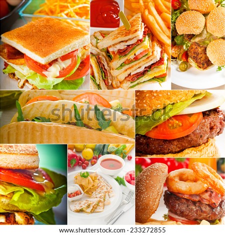 burgers and sandwiches collection on a collage nested square canvas