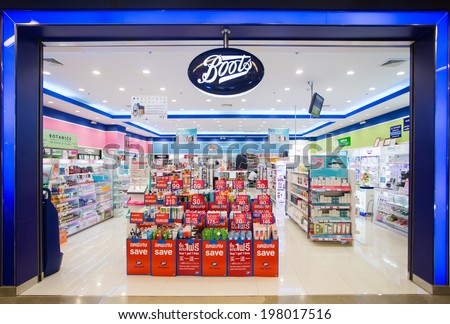 SURATTHANI, THAILAND - JUNE 11: Exterior view of Boots pharmacy store on June 11, 2014 in Suratthani, Thailand. The Boots pharmacy chain has over 3,300 stores in 21 countries.